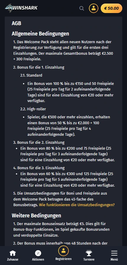 Winshark Casino Bonus Desktop